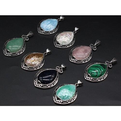 Natural Stone Pendants Reiki Heal Malachite Antique-Silver Alloy Pink Quartzs Charms for Trendy Jewelry Making Girls Necklace