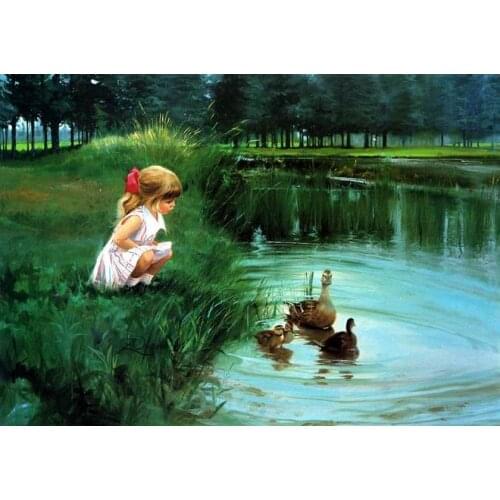 Needlework,Embroidery,DIY The Girl Who Enjoys Watching Ducks by River Cross stitch kits,Art Pattern Cross-Stitching decor