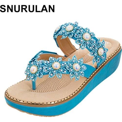 SNURULAN slippers summer ladies rhinestone slides platform high heels wedge open toe casual shoes women outside flip flops