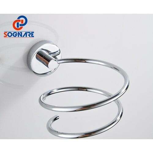 SOGNARE Brass Bathroom Hair Dryer Holder Chrome Wall Mount Storage Hairdryer Support Spiral Stand Holder Bathroom Accessories