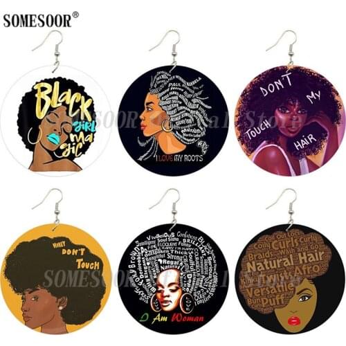 SOMESOOR My Afro Roots Wooden Drop Earrings Printed Don't Touch Curls Twist Natural Hair Black Girl Magic Locs For Women Gifts