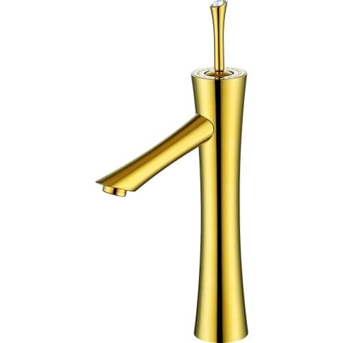 Modern gold solid brass Bathroom Sink round tall Faucet mixer tap deck mounted Crystal handle Single hole hot and cold tap