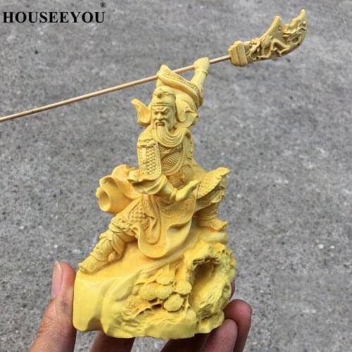 Guan Yu Statue Three Kingdoms Guandi Buddha Solid Wood Feng Shui Ornaments Boxwood Carving Bodhisattva Home Decorations
