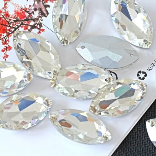 6x12mm Glass Strass Crystal Horse Eye Sew-On Rhinestone Pointback Clear Sewing Rhinestones With 2 holes For Wedding Dress B0708