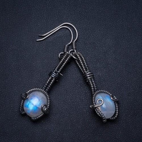 Natural Rainbow Moonstone Handmade Vintage 925 Sterling Silver Earrings 2" W0015