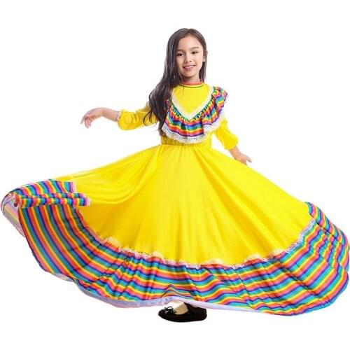 High quality Little Girls Mexican Dress Birthday Party Halloween Costume Kids Child Mexico Flamenco Dance Skirt