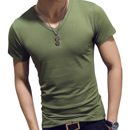 Hot Korean Summer Men T-Shirt Short Sleeve V Neck Solid Color Tops Gym Fitness Casual Shirts SMA66