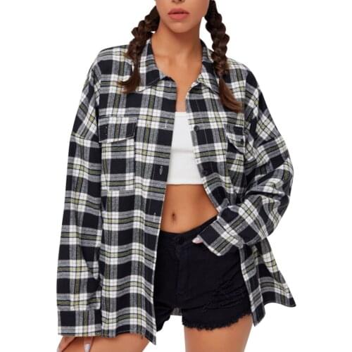 Womens Plaid Shirt Fashion Casual Long Sleeve Collar Long Button Down Shirt Blouse Tops Blusas Y Camisas Рубашка Женская