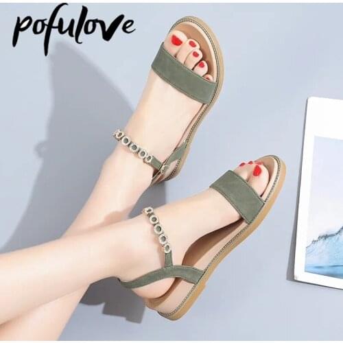 Pofulove Women Sandals Summer Nubuck Leather Shoes Gladiator Sandals Beach Flats Fashion Elegant Casual Open Toe Rhinestone Shoe
