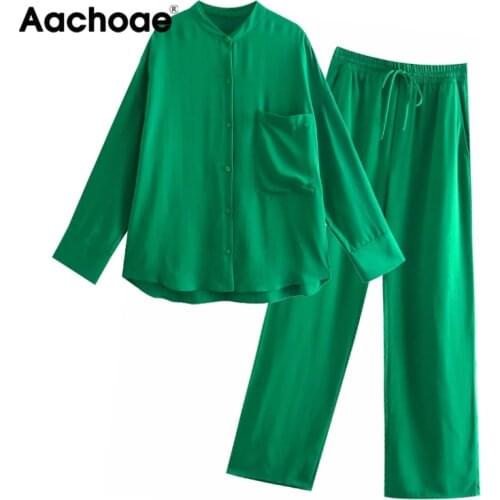 Aachoae Women Suit 2 Pieces Set Pants Suit 2021 New Fashion Long Sleeve Blouses Shirts Wid leg Long Pants Tracksuit Sets