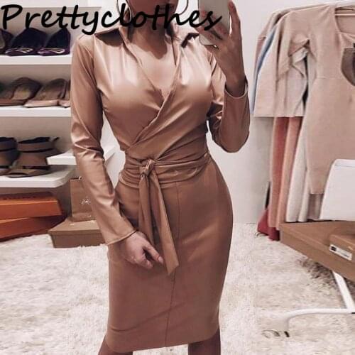 Female Pretty PU Leather V-Neck Slim Sexy Long Sleeve Dress Hot-Selling Suits With Skirt Women Clothing Dresses For Woman cloth