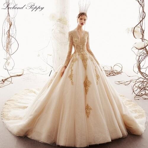 Lceland Poppy Elegant A-line V Neck Champagne Lace Wedding Dress 2021 Full Sleeves Crystal Beaded Vestido de Novia Bridal Gowns