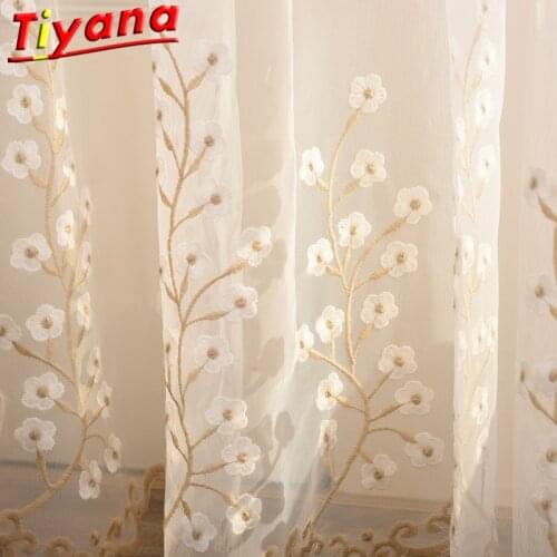 White Plum Blossom Flower Embroidered Curtains Tulle for Living Room Rural Yarn Panels for Balcony Finished Product X-HM424#30