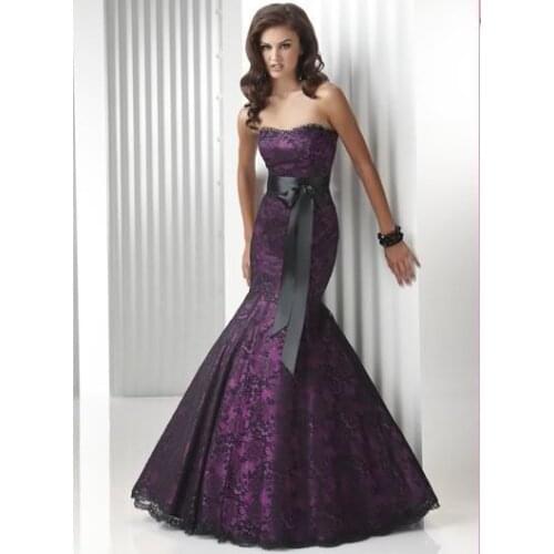 Free shipping 2016 new design hot Sexy Strapless sweetheart with belt Purple Lace Mermaid long Party evening Dress Formal gowns