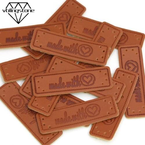 50Pcs "Made With" Tags Heart Pattern PU Leather Labels For Clothes Sewing Materials Brown Handmade Tags DIY Crafts For Bag/Shoes
