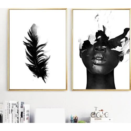 Black and White Wall Art Modern Abstract Canvas Painting Feather Girl Posters and Prints Wall Pictures for Interior Home Decor