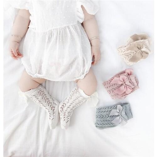 Pudcoco Baby Kid Girls Bowknot Stockings Hollow Out Medium Tube Socks Monochrome Simple Design Stockings 0-8Years