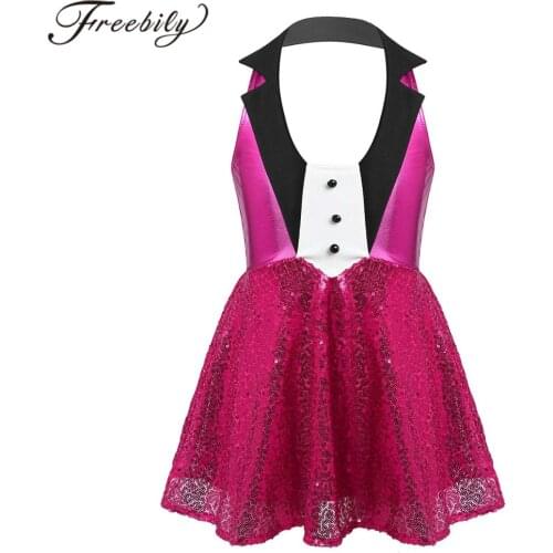 Girls Jazz Dance Costumes Kids Dancewear Shiny Sequins Halter Neck Ballet Gymnastics Dance Dress Stage Performance Tap Costume