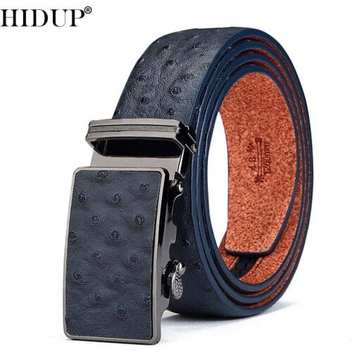 HIDUP New Design Fashion Styles Automatic Belt for Men Quality Blue Cow Cowhide Leather Ratchet Belts Jeans 3.5cm Width NWJ436