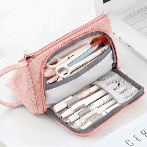 1pc Angoo Simple Large-capacity Pencil Case Canvas Bag Multi-layer Cute Stationery Bag Creative Stationery Multi-color Optional