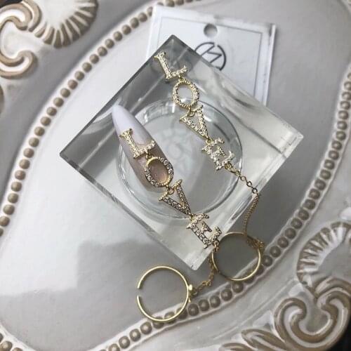 10pcs LOVE Chain Ring Valentines Day 3D Alloy Nail Art Zircon Metal Manicure Nails Accessories DIY Nail Decorations Nail Charms