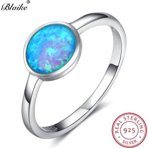 Blaike Classic Round Stone Blue Fire Opal Ring 100% Real 925 Sterling Silver Rainbow Opals Birthstone Wedding Bands Fine Jewelry