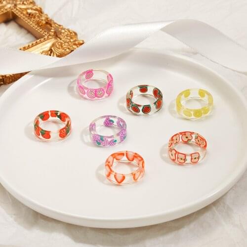 Korean Fashion Fresh Fruits Finger Ring For Women Transparent Resin Girls Strawberry Lemon Apple Design Rings Engagement Jewelry