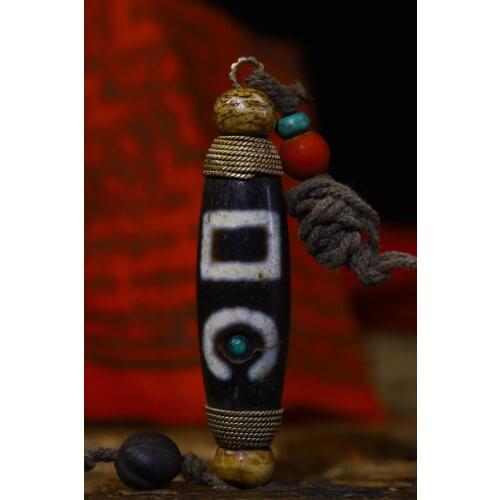 3"Tibet Temple Collection Old Natural agate Filigree mosaic Gem Dharma Dzi Bead Nine Eyes Town House Exorcism