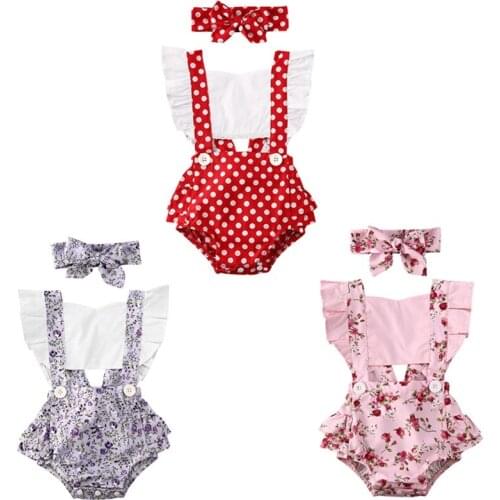 Newborn Baby Girl Flower Ruffle Romper Polka Dot Backless Jumpsuit Headband Sunsuit Outfit 2pcs Baby Summer Clothing 0-24M
