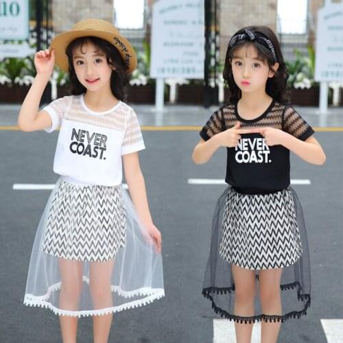 Children Clothing Set 2021 Summer New Girls Fashion Short sleeve T-shirt + Mesh Gauze Skirt 2PCS Suits Kids Girl Clothes