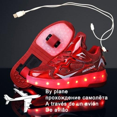Children Two Wheels Luminous Glowing Sneakers Black Pink Red Led Light Roller Skate Shoes Kids Led Shoes Boys Girls USB Charging