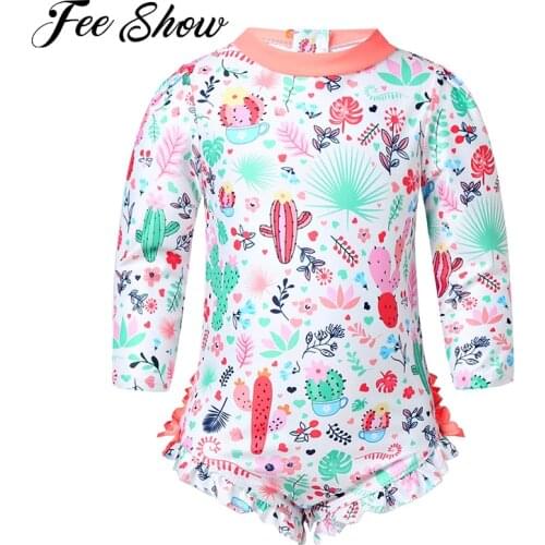 Toddler Baby Girls Swimwear 2021 Long Sleeves Floral Printed Back Zipper with Ruffled One-piece Children Swimsuit Bathing Suits
