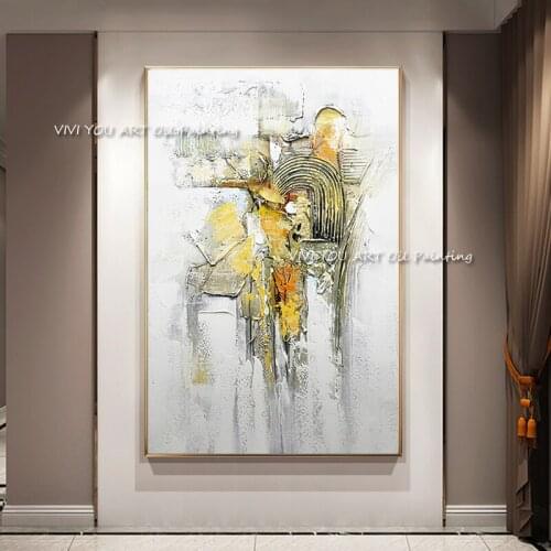 The Hot Sales Fashion Yellow White Abstract Picture Modern Original Golden Thick Oil Painting Design On Canvas for Livingroom
