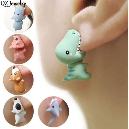 Cute 3D Clay Dinosaur Stud Earrings Mini Cartoon Animal Bite Tyrannosaurus Rex Whale Dog Earring for Women Girls Jewelry Gifts