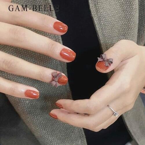 GAM-BELLE 24Pcs Fake Nails With Glue 3D Bow Decor Artificial Press On Nails Tips Full Cover DIY Manicure False Nail Art Tools
