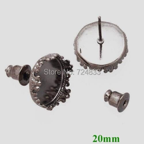 20mm New Gunmetal Black Blank Bases Round Crown Bezel Tray Pin Stud Earrings Post w/ Bullet Stopper Settings Findings Wholesale