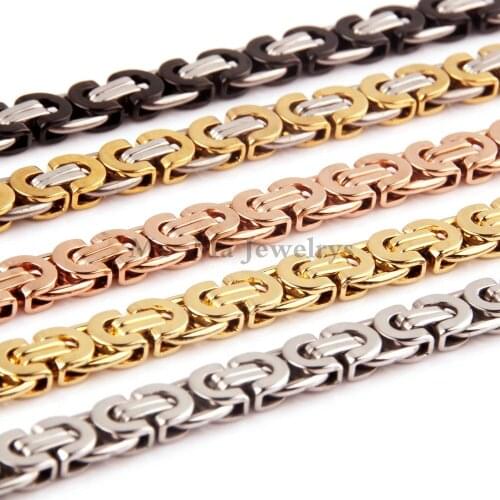 8mm Necklace for Men Flat Byzantine Chain Gold Black Color Link Stainless Steel Vintage Fashion Jewelry