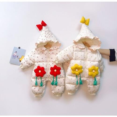 Thick Warm Baby Girls Romper Outerwear Lovely Floral Princess Parkas Wool Liner Infant Baby Snowsuit Jumpsuit