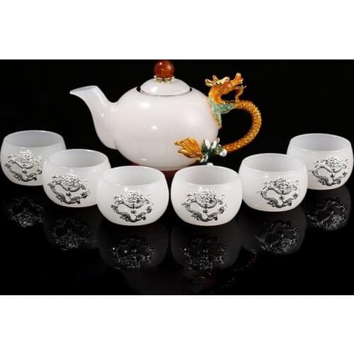 Postage creative enamel dragon set white jade porcelain set household teapot teacup set of seven gifts