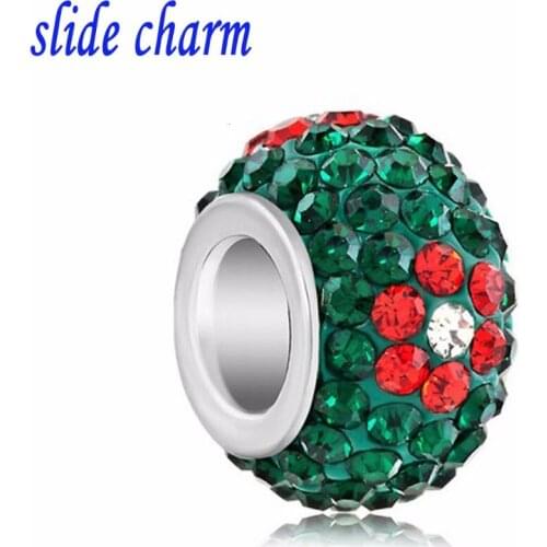 Slide charm Valentines Day green clay green crystal amulet BEDDING red dot flower crystal charm beads fit Pandora bracelet