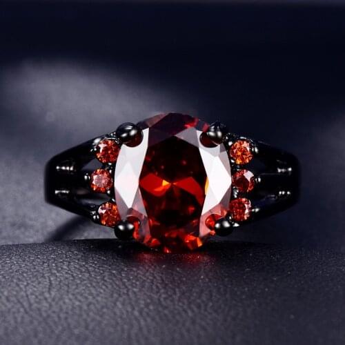 Luxury Female Red Crystal Stone Jewelry Charm 14KT Black Gold Wedding Rings For Women Vintage Oval Zircon Engagement Ring