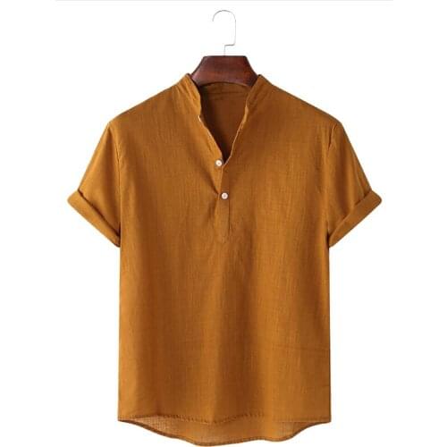 Casual Men Shirts Stand Collar Solid Loose Cotton Blouse Short Sleeve Brand Shirts Retro Harajuku Shirts Summer