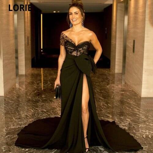 Eightree 2021 Arabic Black Sexy Evening Dresses One Shoulder Prom Dresses High Split Formal Party Gown Satin Robe de Soiree