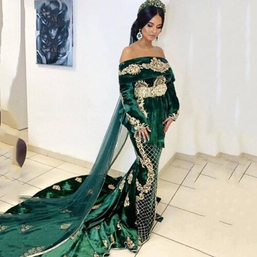 Eightae Green Evening Dress Gold Appliques Strapless Caftan Velvet Saudi Arabic Dubai Morocco Kaftan Long Sleeve Prom Party Gown