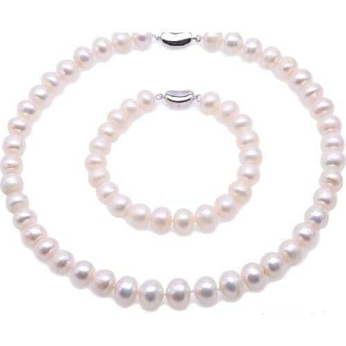 10mm white pearl Women Jewelry set necklace bracelet 925 silver clasp AAA Cultured freshwater pearl