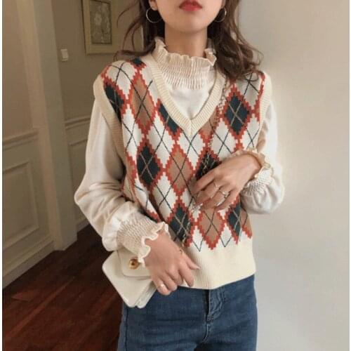 2021 European Style Vintage Plaid Sweater Vest Women Sleeveless Casual Short Vest Femme Crop Top Ladies Fashion Outwear