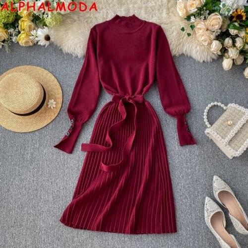 ALPHALMODA High Collar Buttons Sleeve Pleated Women Autumn Winter Sashes Tie Pleated Knit Dress Female Vintage Classical Dress