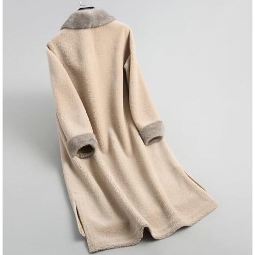 2020 Women Sheep Shearing Coats With Natural Mink Fur Collar Real Wool Fur Coat Female Long Warm Winter Jackets NST38347