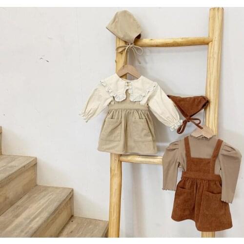 2021 Korea style girls corduroy dress with hat fashion cotton autumn girls dresses