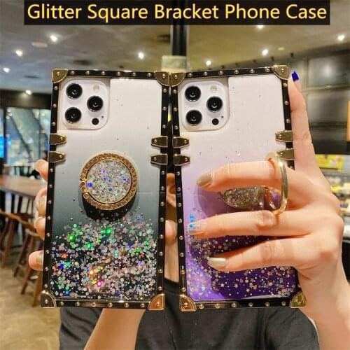 Full Protection Phone Case For iPhone 12 11 Pro Max Bling Glitter Shining Square Cases Ring Holder Back Cover For iPhone XR XS